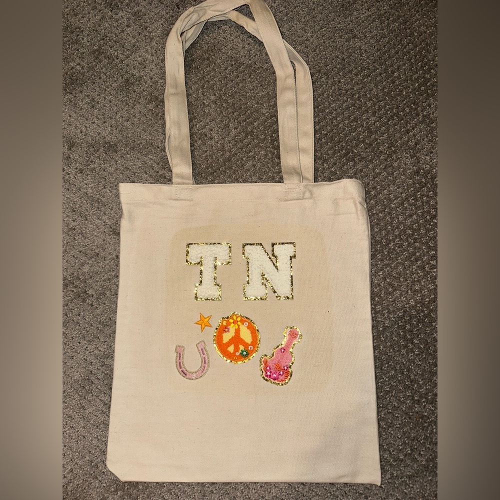 Beige Tote Bag with Colorful Patches